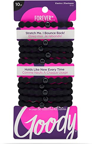Goody Ouchless Forever Hair Elastics, 10 Ct, Black, Damage-Free Bands, 3X Stronger Elastic Ties, Retainable Shape, 16 Strand Inner Core, Styling Accessories for Women & Men, All Hair Types