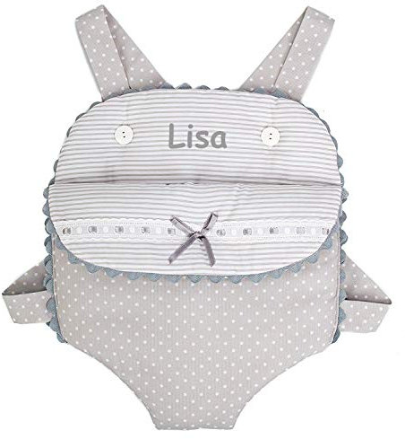 Porte-Poupée ou porte-bébé pour poupées, poupons et peluches PERSONNALISÉ avec le NOM. Plusieurs modéles couleurs et tailles disponibles. (Verona Gris, Petit)