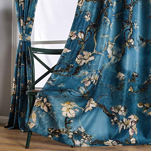 Taisier Home Lot de 2 rideaux de style chinois à imprimé artistique bleu de 183 cm de long pour salon, chambre à coucher, rideaux de traitement de fenêtre à motif personnalisé
