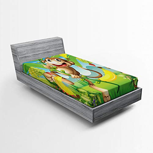 ABAKUHAUS Kindergarten Spannbetttuch, 2 Affen und Bananen, Soft Dekorativer Stoff Bettwäsche Rund-um Elastischer Gummizug, 90 x 200 cm, Grün und Braun