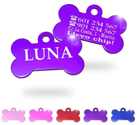 Ibera Gifts - Chapa Perro Grabada en Forma de Hueso, Placa Perro Personalizada para Perros y Gatos Grandes a Muy Grandes, XL, Tamaño 50 x 34 mm, Chapa Identificativa Perro y Gato (Lila)