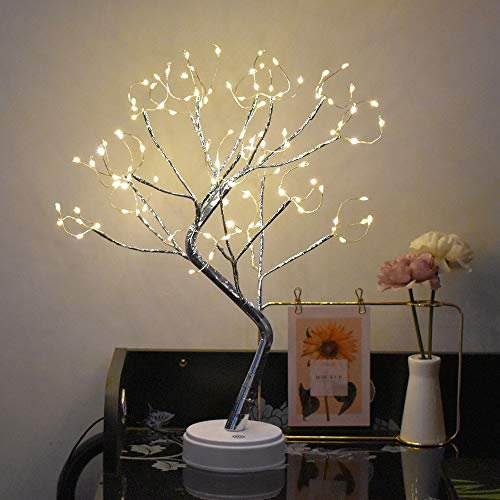 BuyWin Novelty Copper String Tree Light Starry Tree Night Lamps Battery&USB Powered LED Table Lights Firefly Tree Lights Decor for Wedding Bedroom, Everyday Home Decorations(Silver)