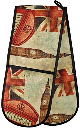 TropicalLife Double Oven Glove Mitts Retro London Big Ben Union Jack Heat Resistant Pot Holders for Home Kitchen Cooking Baking Outdoor BBQ
