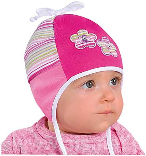 AJS Mütze Übergangsmütze Binde-Mütze Mädchen Baby Schleife Blumen Frühling Herbst, Farbe: Rosa-Pink, Größe: 48-50