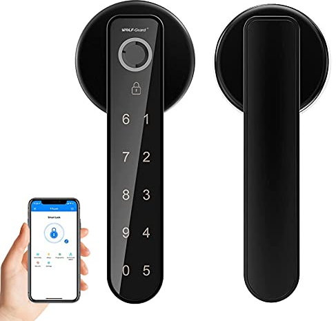Wolf Guard Smart Keyless Entry Türschloss Biometrisches Fingerabdruck-Türschloss mit App-Steuerung, Bluetooth Smart Türknauf mit Griff (TT02 w/APP)
