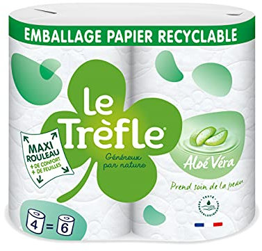 Le Trèfle Aloé Véra - Papier toilette - 4 maxi rouleaux = 6 rouleaux classiques – Moelleux triple épaisseur – Lotion Aloé Véra
