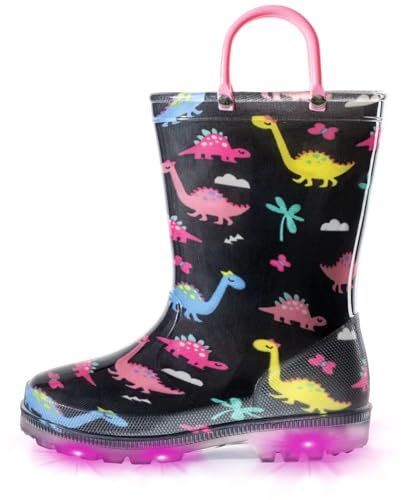 EUXTERPA Stivali di gomma per bambine e bambini, si illuminano, con glitter, con manico, per bambini, Dinosauro Ragazze, 24 EU