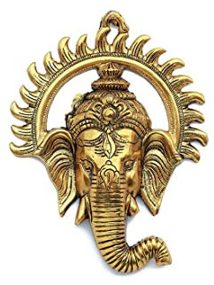 Ganesha Wall Hanging Metal Ganesh Face with Sun Statue Sculpture Idol Indian Wall Décor Antique Ganpati Statue for Home, Entrance, Temple décor and Gifting for New Year Decoration(Size 9 X7)