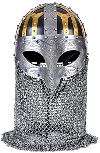Battle-Merchant Wikinger Brillenhelm mit Kettenbrünne | Mittelalter Spangenhelm mit verstellbarem Lederinlay und Kinnriemen Brünne Wikingerhelm aus Stahl für Erwachsene echt Metall