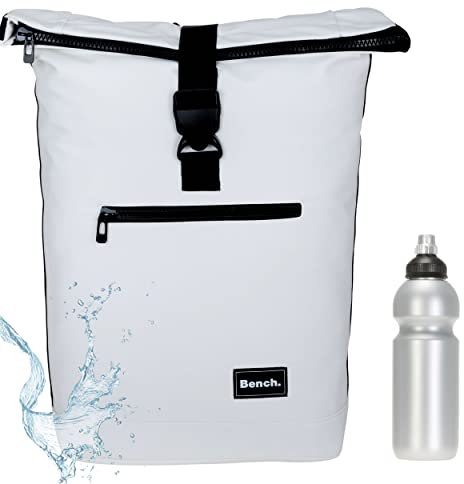 Sieber Rucksack Kurierrucksack Bench Hydro Plane Roll-Top backpack Laptoprucksack A4 wetterfest Damen Herren 64175 + Trinkflasche (Cream White 2000)