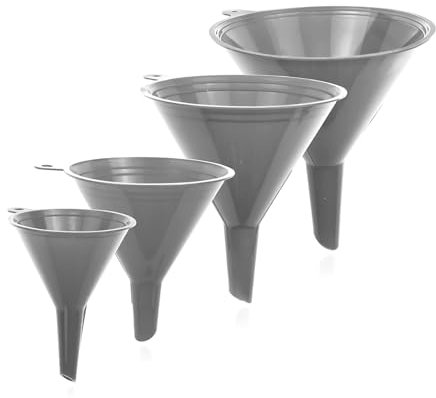 Liqvee Funnel Gray in 4 Different Sizes (122, 101, 76 & 50mm) Durable & Non-Toxic Food Grade Plastic -Funnels for Filling Bottles or Containers with Ring Holders – Ideal for Kitchen, Garage & Labs