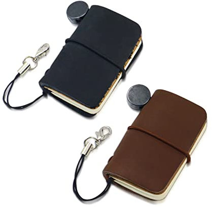 2er-Pack Miniatur-Reise-Notizbuch 4.8x3.2cm(1.9''x1.3''), handgefertigtes kleines Leder-Reise-Notizbuch, Vintage Mini-Notizbuch-Tagebuch-Journal, Taschen-Tagebuch (Schwarz+Braun)
