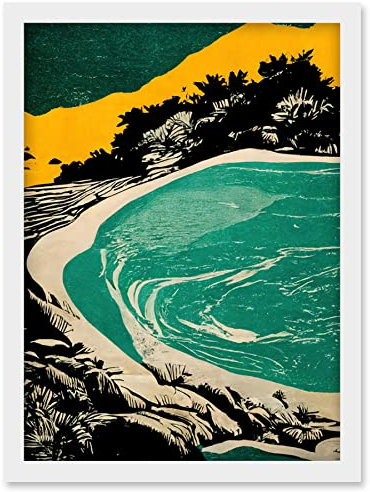 Wee Blue Coo Beach Lagoon Abstract Marbled Seascape Mustard Teal Artwork Framed Wall Art Print A4
