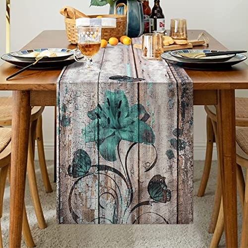 Tischläufer Blau Tischläufer Grau Modern Leinen Tischläufer Herbst Vintage Bauernhaus Küche Esstisch Dekoration für Drinnen Draußen Party Wohnzimmer Dekor Schmetterlingsmuster Blaue Lilie 40 x140 cm