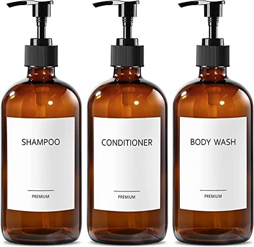 GMISUN Glass Shampoo and Conditioner Dispenser, Shower Soap Dispenser Bottles with Labels, Refillable Shampoo Conditioner Body Wash Dispensers, Amber Glass Soap Pump Dispenser Set for Bathroom Shower