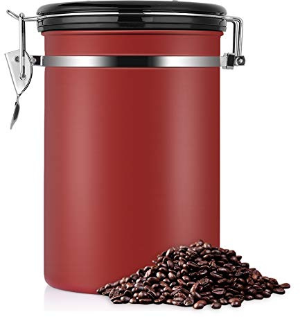 Kaffeekanister mit 1,8 L Fassungsvermögen, Luftdichter Frischhaltebehälter aus Edelstahl, Kaffeedose mit Ventilblöcken, Kaffeeaufbewahrung mit Datumsanzeige für Kaffeebohnen, Kaffeesatz, Tee,(Rot)