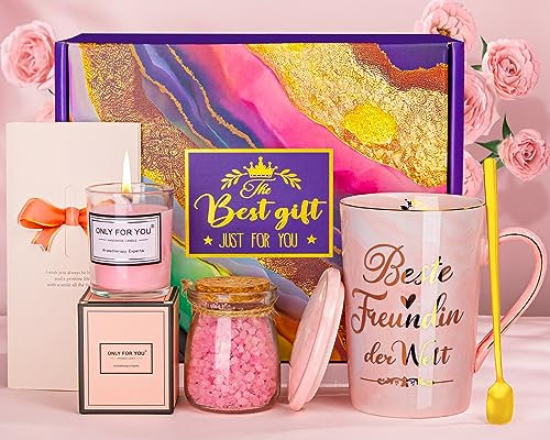 Geschenke für Frauen Freundin, Lustige Freundinnen Geburtstag Geschenkset, 400ml Marmor Keramik Kaffeetasse, Duftkerze, Badesalz, Entspannendes Spa-Badeset, Freundschaft Geburtstagsgeschenk für Frau