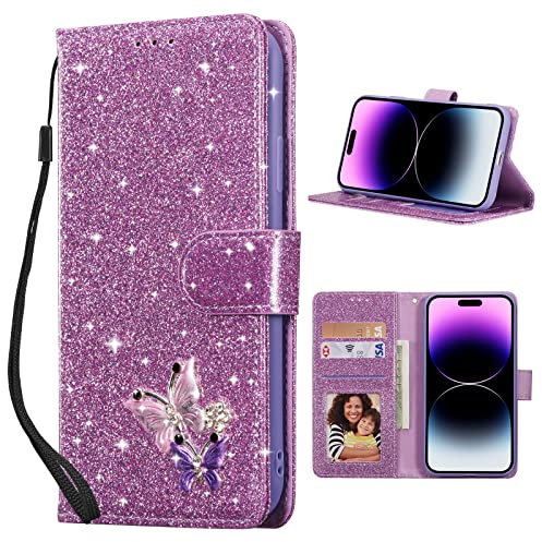 QLTYPRI Case for iPhone 15 Pro Max, Wallet Case Premium Glitter PU Leather TPU Bumper Card Holder [Wrist Strap] Inlaid Butterfly Diamond Flip Cover for iPhone 15 Pro Max - Purple Butterfly