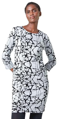 Roman Originals Spot Print Zip Pocket Jersey Dress for Women UK - Ladies Everyday Holiday Autumn Winter Round Neck 3/4 Sleeves Comfy Soft Evening Vacation Work Party Shift - Grey Ebony - Size 18