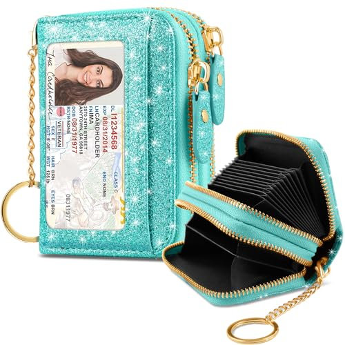 Simikol Kreditkartenetui, klein, Doppelreißverschluss, Kartenetui für Damen, mit Schlüsselanhänger, Ein Tiffany-Glitzer, Kleines Kartenetui mit doppeltem Reißverschluss, glitzerndes Leder