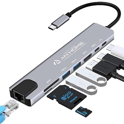 AnHome USB C Hub Ethernet HDMI 4K Adapter, 8-in-1 Multiport Dock USB-C auf RJ45 Ethernet USB 3.0 SD/TF Kartenleser 87W PD Ladeanschluss Dongle Kompatibel mit MacBook Pro/Air und Typ C Windows Laptop