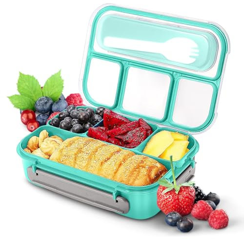 DERDOUT Brotdose Kinder mit 4 Fächern und Besteck, 1300ml Erwachsene Brotdose Bento Box, für Mikrowelle und Geschirrspüler (Grün)