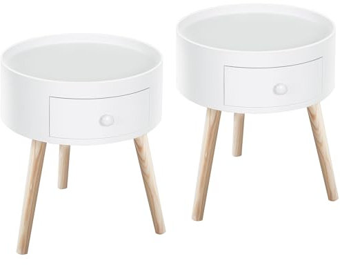 HOMCOM Lot de 2 Tables Basses - Table de Chevet - Table de Nuit Ronde - Design scandinave Table d'appoint Bout de canapé avec tiroir Pieds effilés inclinés Bois Massif chêne Clair Blanc