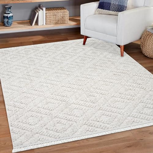 payé Teppich Läufer - 80x150cm - Creme - 3D-Optik Modern Raute Muster - Frasen-Teppiche - Wohnteppich Deko