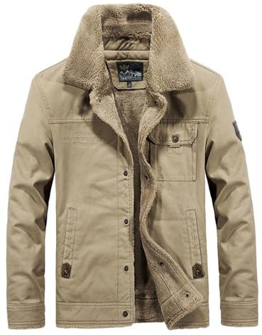 Gefütterte Jacke Herren Einfarbig Kältejacke Herren Slim Fit Urban Outdoorjacke Herren Mehrere Taschen Revers Langarm Jacke Reißverschlussleiste Herren B-Khaki 3XL