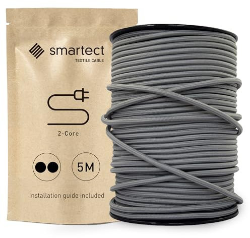 smartect Cavo Elettrico Tessile Grigio Oscuro, 5 Metri Filo Elettrico Vintage, Bipolare (2 x 0.75mm²) Cavo Elettrico Rivestito in Tessuto per Fai da Te
