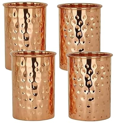 Taluka - Juego de 4 vasos de vidrio martillado de cobre puro para agua potable, beneficios para la salud, 350 ml