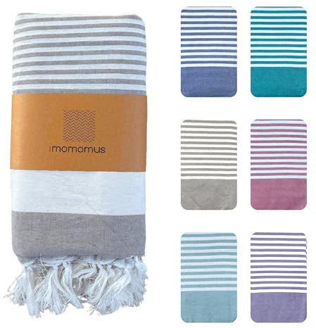 MOMOMUS Fouta XXL oder Picknickdecke XXL für den Strand - Mit Fransen, Gestreift und Leicht - Große Stranddecke, Sandfreie Strandmatte und Faltbare Campingdecke - Beige, 210x240 cm