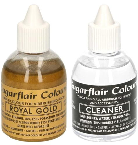 AOS Set | Sugarflair Set Airbrush Lebensmittelfarbe Royal Gold 60ml + Reiniger 60ml | Essbare Lebensmittel Farbe Flüssig, Airbrush-Farbe für Kuchen, Cupcakes, Zuckerguss und Kuchendekorationen