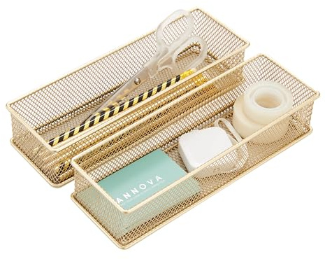 Annova Netz-Schubladenschrank und Regal, Organizer, Aufbewahrungskorb, für Schule, Büro, Zubehör, 2 Stück (Gold, 22.5x7.5x5cm)