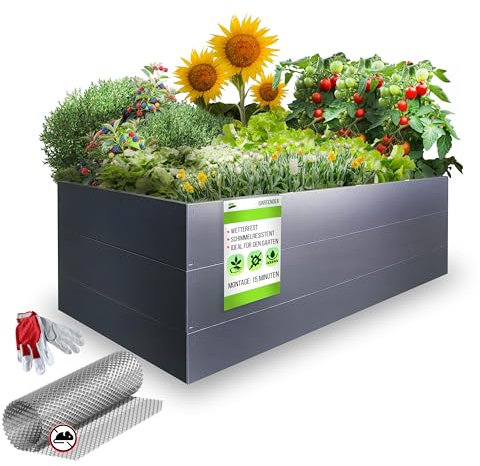 GARTENDEK® Jardinière surélevée pour Jardin en métal 170 x 85 x 63 cm – Acier revêtu de polymère pour Une Longue durée de Vie, Parterre à Herbes avec Filet Anti-Taupe (Gris)