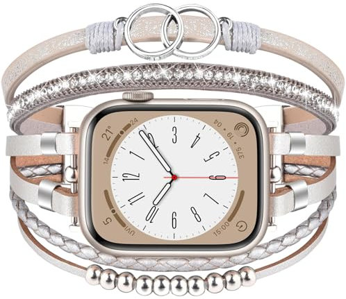 VISOOM Boho Lederarmband Kompatibel mit Apple Watch Armband 42mm 44mm 45mm 49mm 46mm Frauen, Mehrschichtige Wrap Perlen Schmuck Apple Uhrenarmband iWatch Serie 10 9 8 7 6 5 4 SE, Doppelschleife-Silber