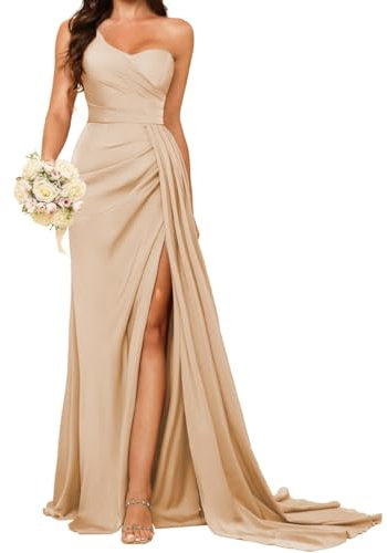 KURFACE Robes de demoiselle d'honneur à une épaule pour femme avec fente plissée longue robe de bal en satin, rose-gold, 42
