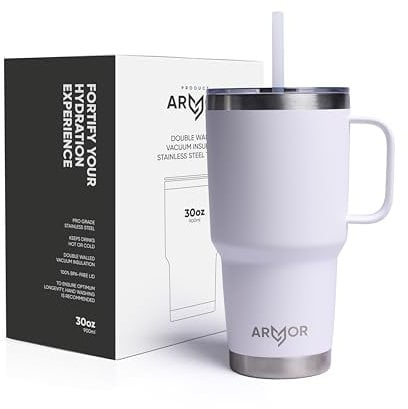 Product Armor 30oz / 900ml Premium 18/8 Stainless Steel Tumbler with Leak Proof lid and Straw - Iced Coffee, Hot Drinks, Travel Mug (Ice White)