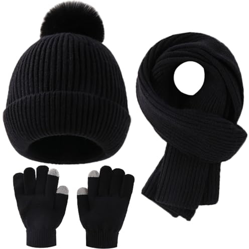 Yaopelky Set Cappello, Sciarpa e Guanti Invernale per Bambini - Berretto con Pompon, Sciarpa Lunga e Guanti Touchscreen - Completo 3 in 1 per Ragazze e Ragazzi,Nero