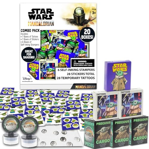 STAR WARS Baby Yoda Gastgeschenke für 20 Gäste, 20 Stück, Mandalorianische Geschenkboxen mit Aufklebern, Tattoos und Stempeln für Kindergeburtstag, Partyzubehör und Dekorationen