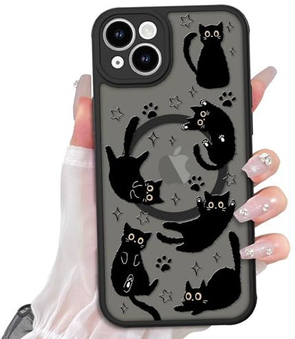 Heaofei Niedliche magnetische Schutzhülle für iPhone 15, kompatibel mit MagSafe, mit schwarzem Katzen-Motiv, für Damen, Mädchen, Jungen, weiche Stoßstange, harte Rückseite, Kawaii-Tier-Schutzhülle