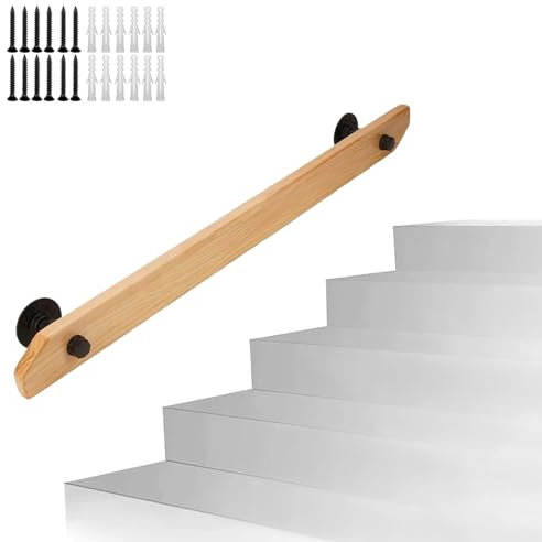 Kit di scale in legno con staffa in metallo antiscivolo da parete ringhiera per scale per interni, corrimano da 1 metro per sicurezza e supporto