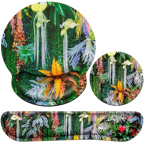 Acezeek Mausepad 3-in-1 Handballenauflage Set, Ergonomisches Mauspads Handballenauflage Tastatur +Tasse Pad mit Gelkissen Memory Foam für Computer, Laptop Zuhause,Büro,Spiele(Bunte Pflanzen)