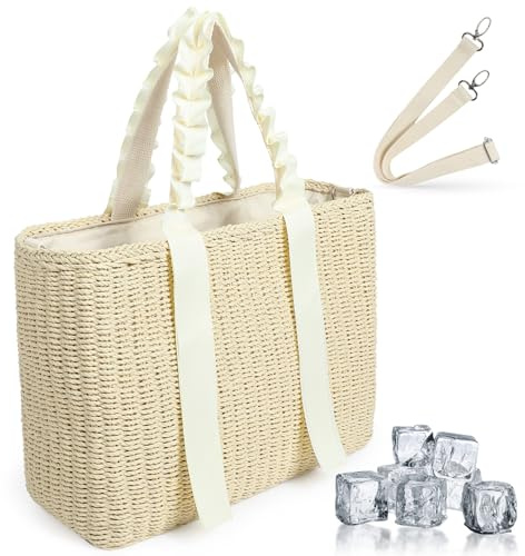 KUIRAN Bolsa térmica de playa aislada con forro extraíble, bolsa de viaje de paja de cáscara de maíz natural para mujer, bolsa de almuerzo de picnic, regalo de boda, Blanco Staw, Talla única