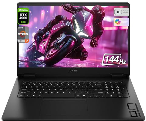 HP Omen 17 Gaming Laptop, AMD Ryzen 7 8845HS, 32 GB DDR5 RAM, 1 TB PCIe SSD, 17.3 FHD Display, Nvidia GeForce RTX 4060, QWERTZ Tastatur, Windows 11 Home, Schwarz