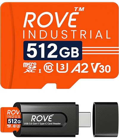 ROVE Industrial 512GB Micro SD Card with USB 3.0 Type C Card Reader, High Endurance microSDXC Memory Card 100MB/s Read Speed, C10, U3, V30, 4K, A2 for Dash Cam, Android Smart Phones, Tablets, Games