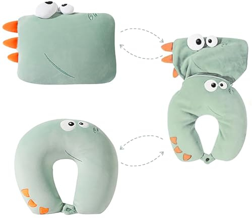 Nackenkissen Kinder - 2 in 1 Nackenhörnchen Kinder, Verformbares Nackenkissen, U-förmiges Kissen Umwandelbar Plüschtieren für Erwachsene, ReisekissenKinder für Flugzeug, Auto und Reisen, Grün