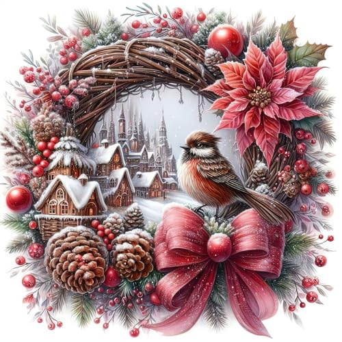 RICUVED Couronne de Noël Diamond Painting 5D Adulte Complet,Noël Kit Broderie Diamant Débutant 30x30cm de Peinture sur Diamant Point de Croix Painting pour Adultes Débutants
