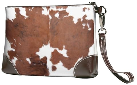 EgoMed Tier Braun Kuhfell Druck Kuh,Handgelenktaschen PU-Leder Clutch Damen Reißverschluss Geldbörse Brieftasche Handtasche mit Handschlaufe