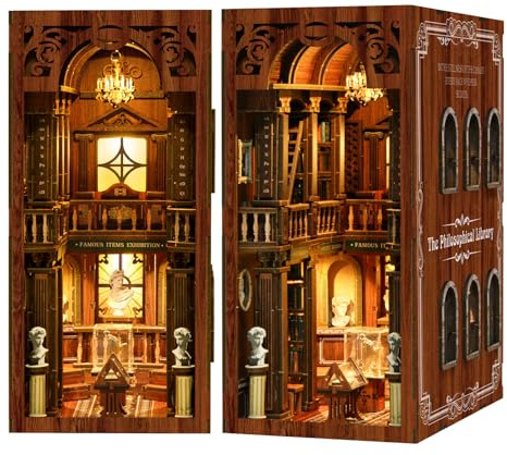 Book Nook Kit für Erwachsene Holzpuzzle DIY Miniatur Haus 3D Puppenhaus - Buchstütze für Bücherregal Deko mit LED Lichtern Kreatives Geschenk für Leser (Bibliothek der Philosophie)